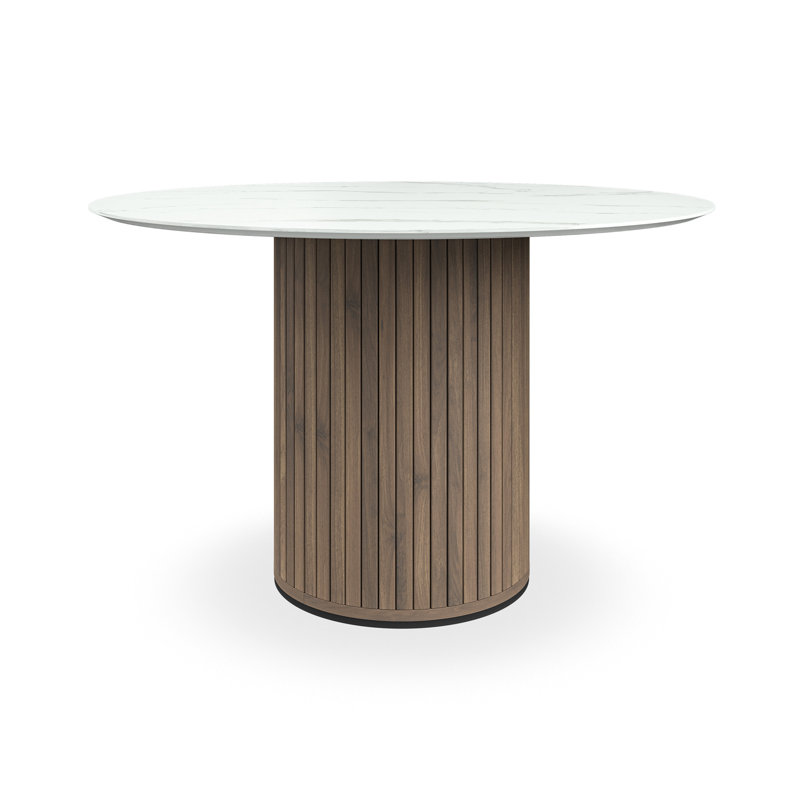 Arlo 120cm Round White Marble Dining Table, White Marble/Walnut