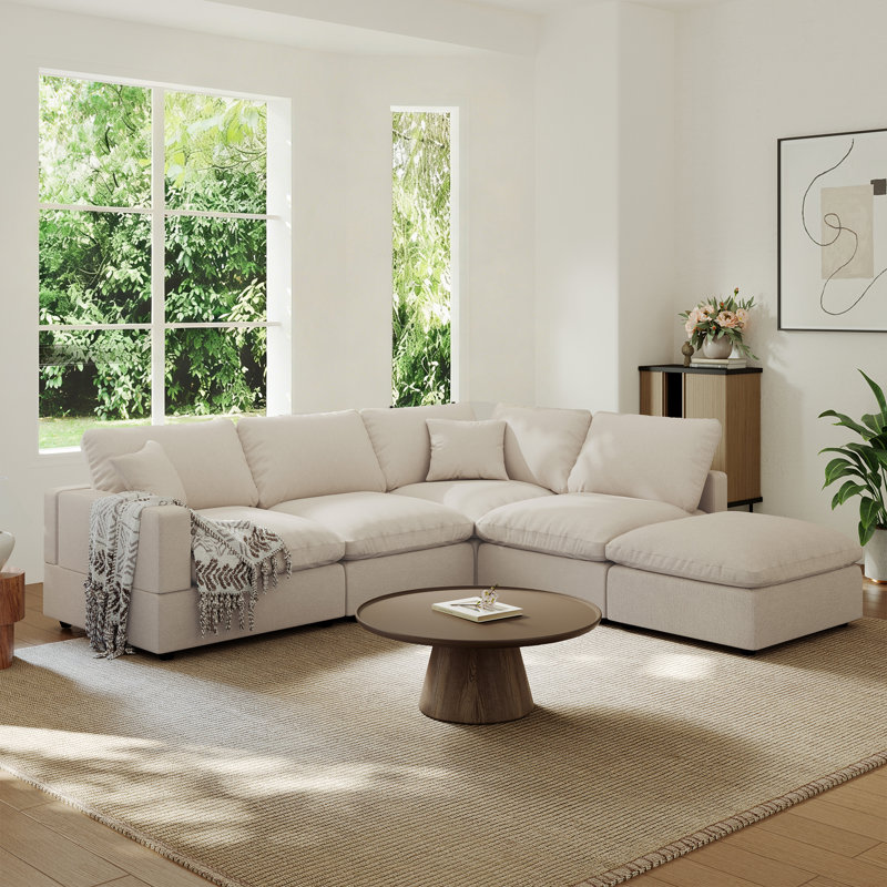 Upholstered Cloud Sofa Couch, Modular Sectional Sofa L-shaped Sofa with Ottoman for Living Room Bedroom, Khaki