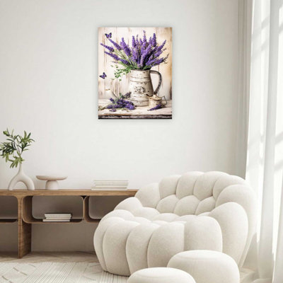 Purple Vintage Lavender and Butterfly Still Life in a Rustic Water Jug Canvas Print,Premium Wall Art for Living Room Bedroom,32 x 24 Inch