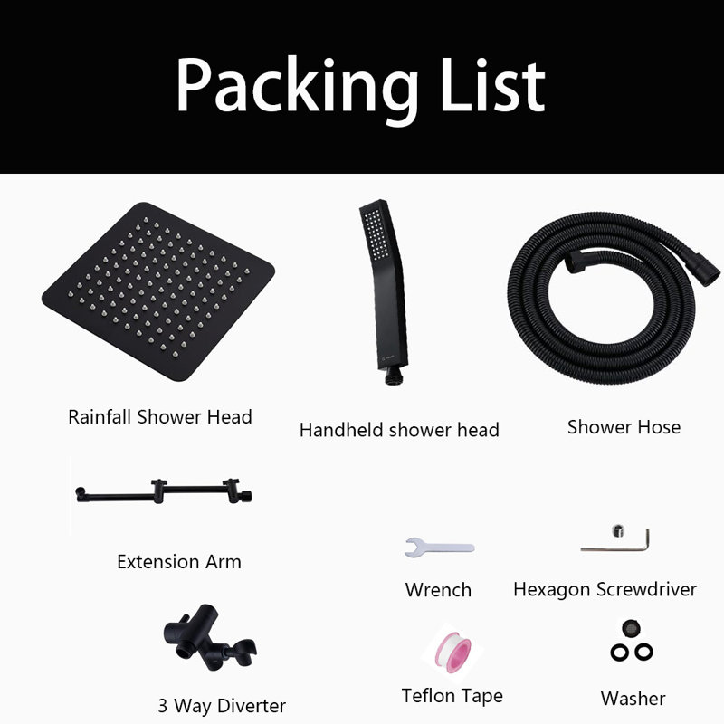 10 Inches Rainfall Shower Head With Handheld Spray Combo,  Adjustable Extension Arm, 71 Inches Stainless Steel Hose