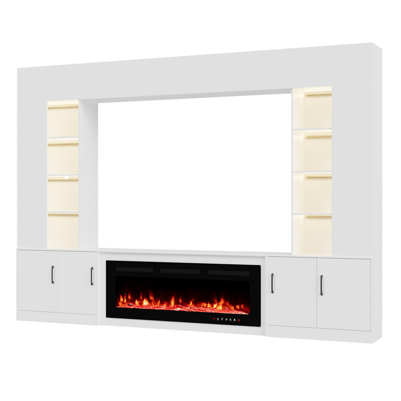 112"Large Wall Unit Entertainment Center With Fireplace And LED Lights, White