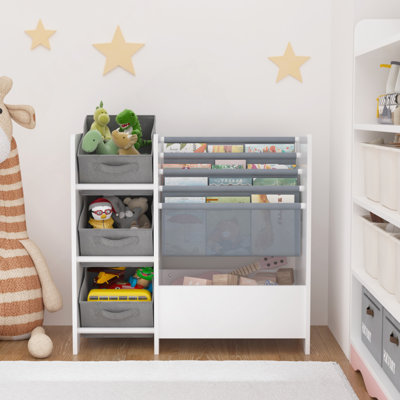Kids Bookshelf And Toy Storage Organizer, Multifunctional 4 Tier Kids Book Shelf With 3 Collapsible Fabric Drawers, Children's Book Display In Room Playroom Nursery For Kids, Children, Toddlers