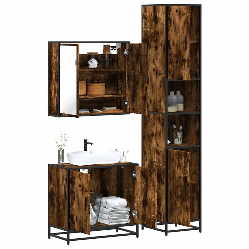 3 Piece Bathroom Furniture Set Engineered Wood, Rustric Brown