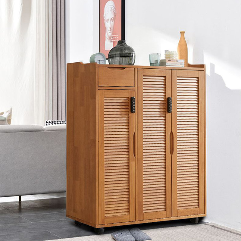 Solid Wood Shoe Cabinet With Lock And Wheels 22 Pair Solid Wood Shoe Storage Cabinet, Brown