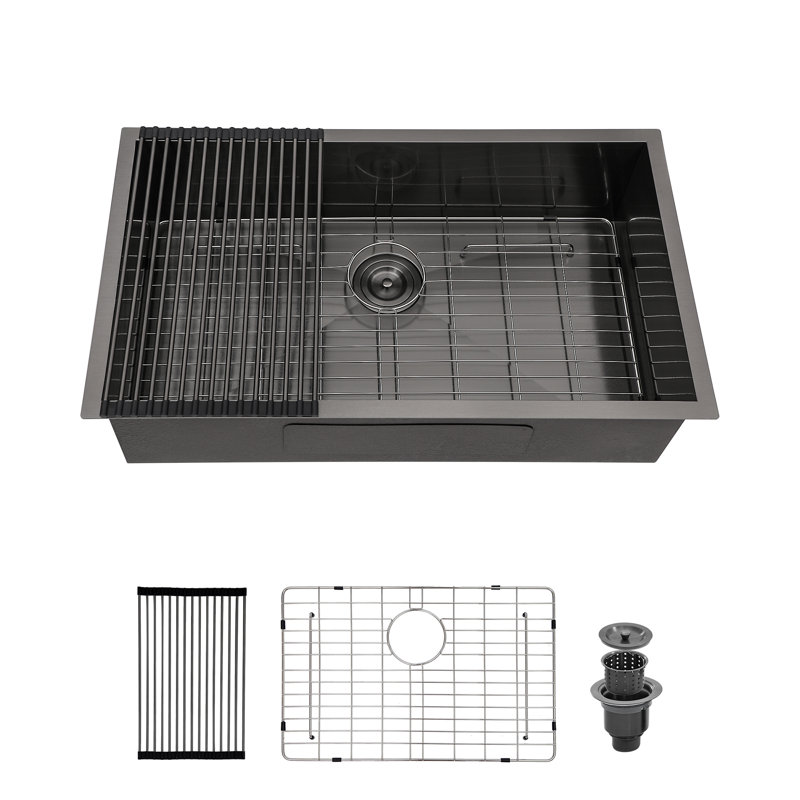 Évier de cuisine encastré à simple cuve 28 - 28 po x 18 po x 9 po en acier à canon noir de calibre 16 avec cuve profonde de 9 po