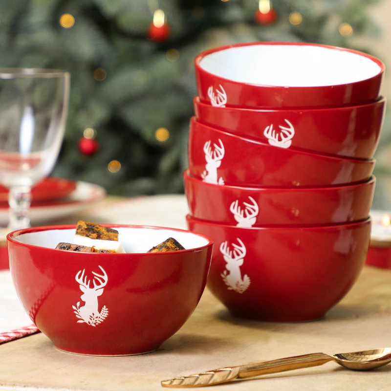 Set Of 6 Red Stag Stoneware Christmas Bowls, Red