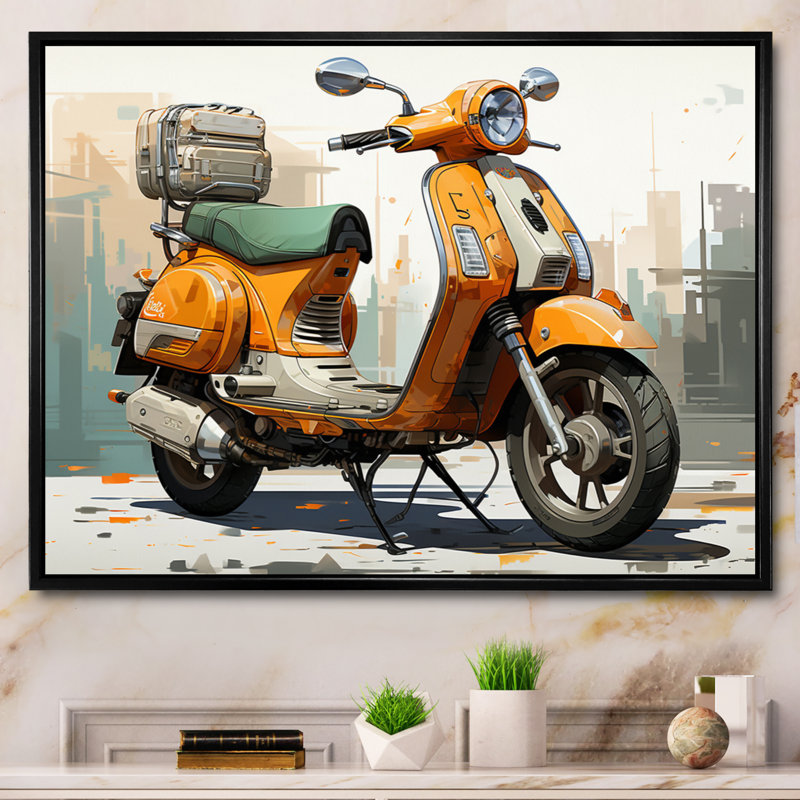 Orange Scooter Caf Racer - imprimé, H 16 po x l 32 po x P 1 po, Cadre flottant noir