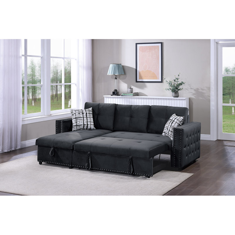 Canapé d'angle convertible en velours noir avec lit gigogne et méridienne de rangement, 2 pièces