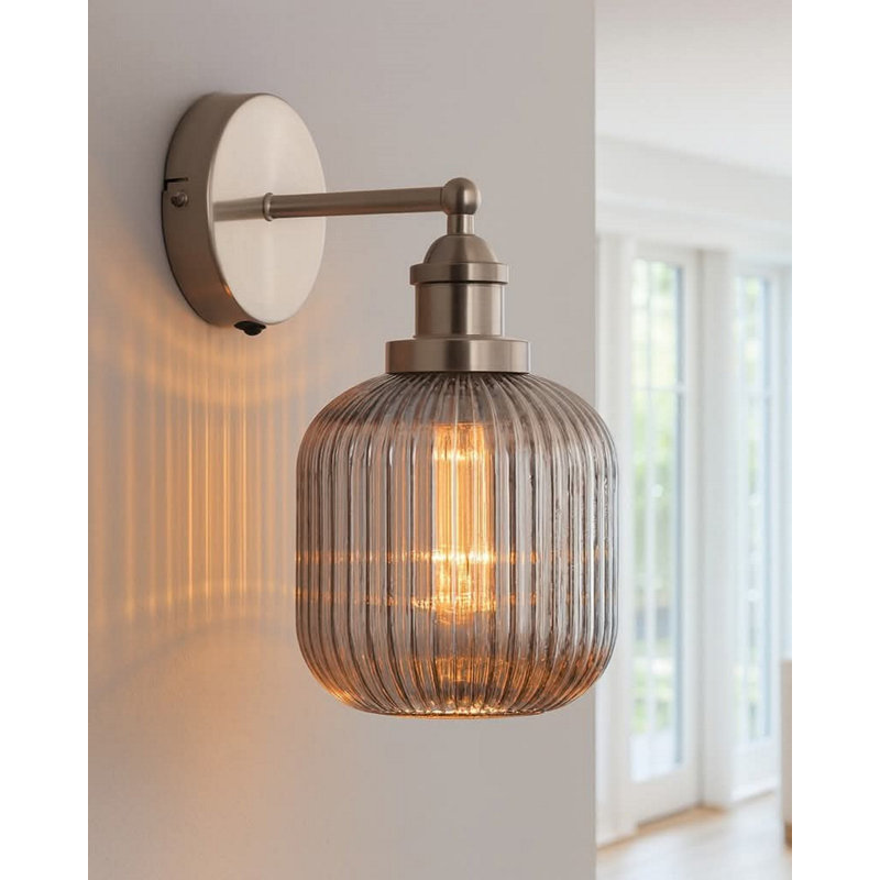 Single Armed Switched Wall Sconce with Ribbed Glass, Pewter