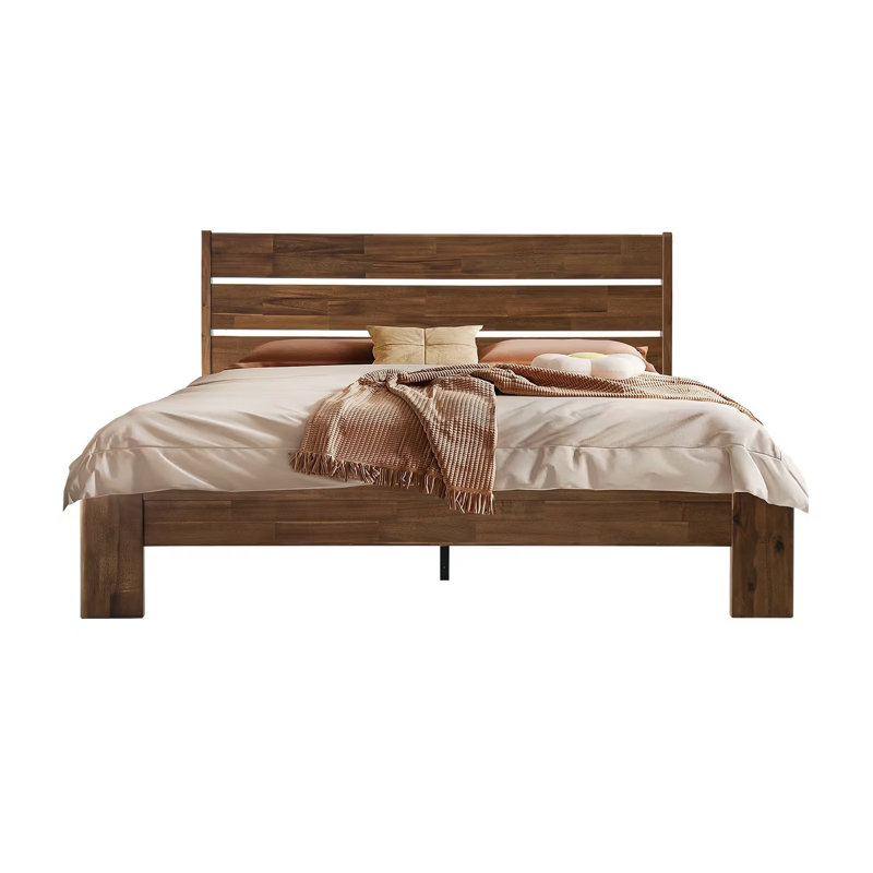 Structure de lit pleine grandeur en bois massif avec tête et pied de lit, 12 pieds robustes en métal à structure à lattes, silencieux et antidérapant, assemblage facile, pas de sommier tapissier, finition noyer chaud