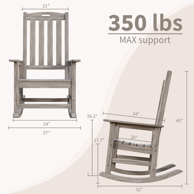 Chaise berçante surdimensionnée pour l'extérieur - Chaise berçante de patio à dossier haut toutes saisons, Bois gris