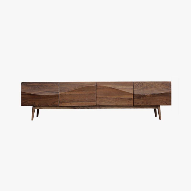 Mid-Century TV Stand, Modern Wood TV Console with Cabinets Storage, Ripple Doors, Wood Legs, 70.87"