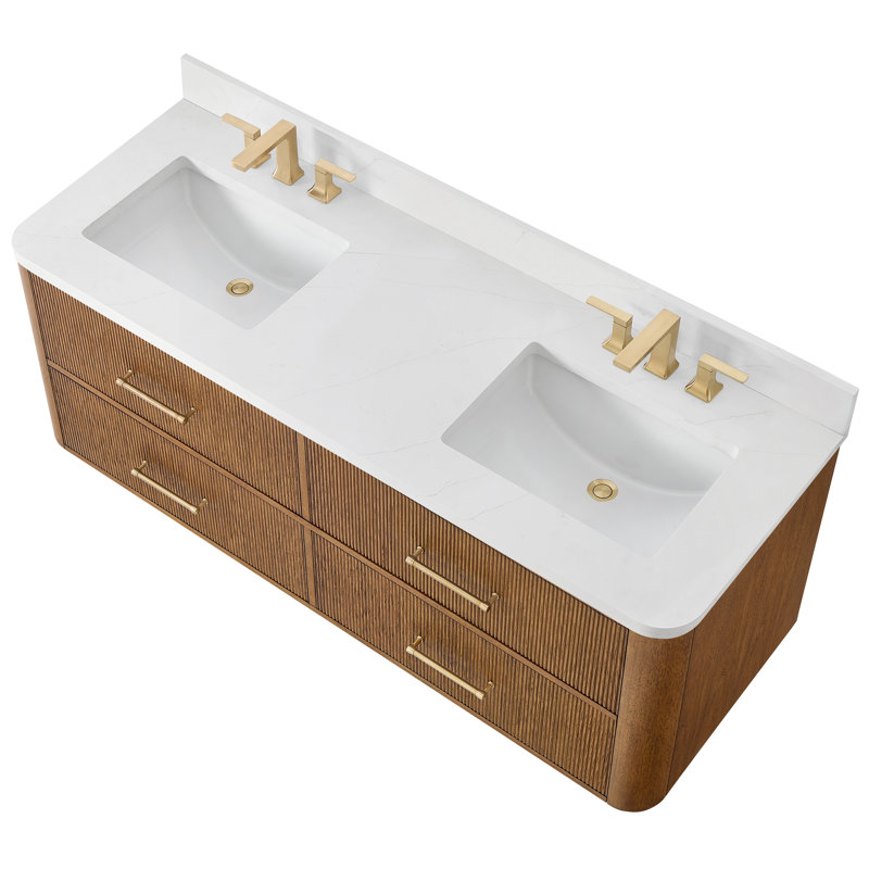 Ensemble de meuble-lavabo mural double 60 po en noyer grillé Francesca, Brun/bronze, Quartz Giotto