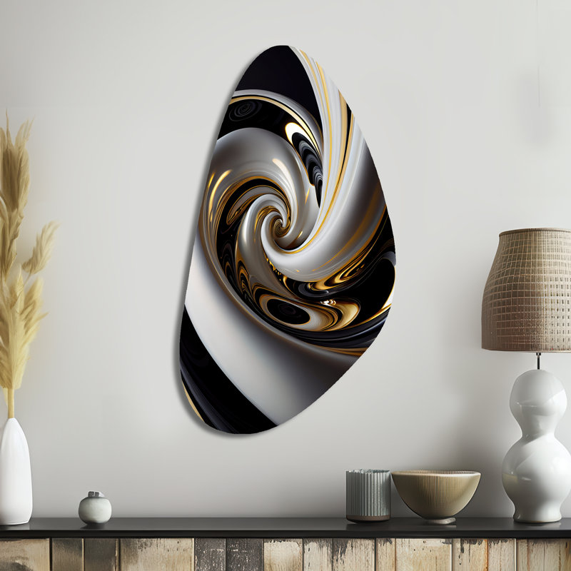 Or noir et blanc vitrail III - spirales abstraites, art mural en métal de forme unique pour le salon, impression d'art asymétrique moderne en métal