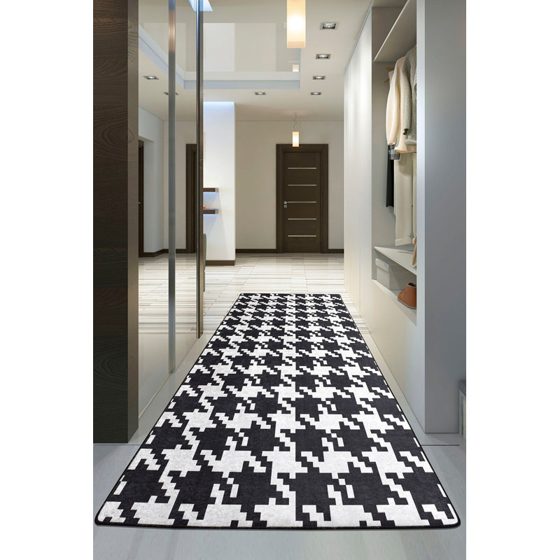 Durable Hall Carpet, 2.6 x 6.6 Feet | 100% Polyester, Total Thickness: 0.4 Inches | Antibacterial, Non-Slip Underside, Machine Washable | Stylish Black and White Design Perfect for Home Entryways & Living Areas