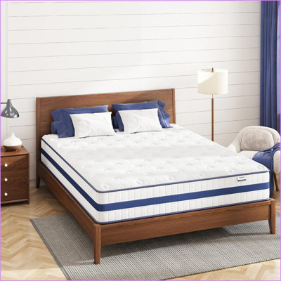 Matelas, très grand matelas hybride de 10 pouces avec mousse à mémoire de forme rafraîchissante et amp; Isolation de mouvement | Blanc + bleu | Polyester