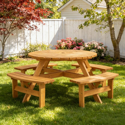Solid Wood Outdoor Wooden Picnic Table With 4 Built-In Benches，Camping Dining Table For 8 Person