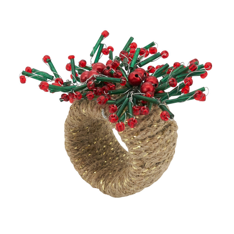 Festive Beaded Holiday Napkin Rings with Red Berries, Set of 4