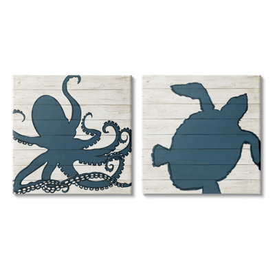 " Nautical Blue Silhouette Octopus Sea Turtle Aquatic Animals " 2 - Pieces