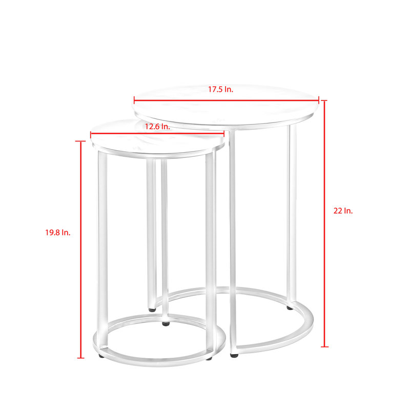 Irene Round Marble Top Nesting End Table with Metal Base, Silver