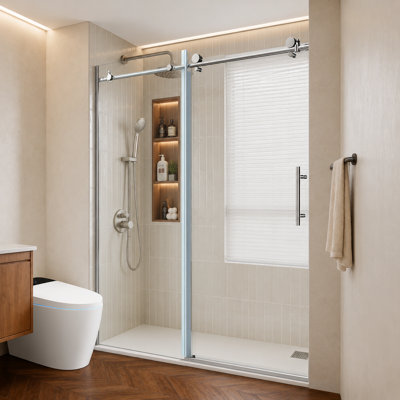 BCANHOME 56–60"W x 76"H Frameless Sliding Shower Door–10 mm (3/8") Tempered Glass | Stainless Steel Anti-Rust Hardware | Explosion-Proof Film, Easy-Clean Design, Smooth Sliding Performance | Clear & Stylish, Sturdy & Durable