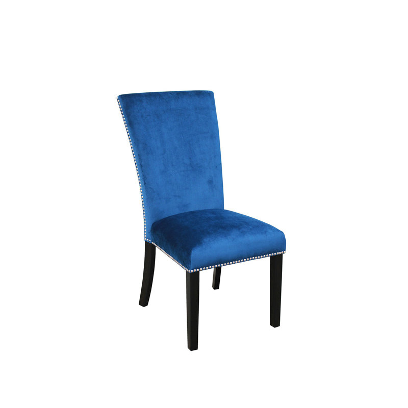 Camila Blue Velvet Upholstered Side Chair with Wood Legs