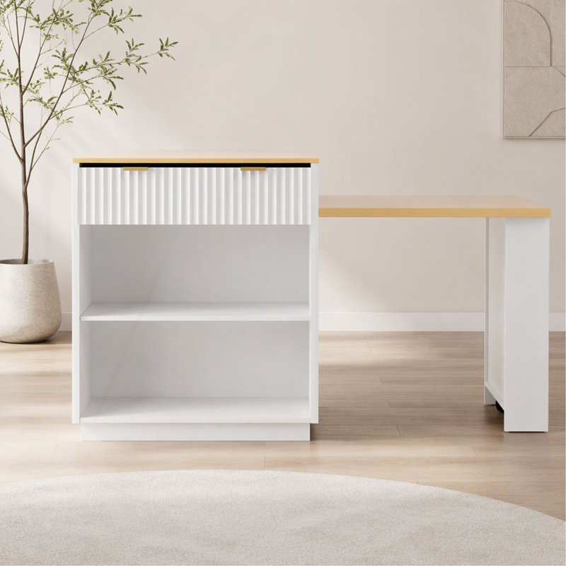 Îlot de cuisine cannelé K&K de 210 cm avec table à manger extensible pour 4 à 6 personnes, table d'îlot avec prise électrique, table de cuisine avec rangement double face, 2 tiroirs et 2 étagères latérales ouvertes.
