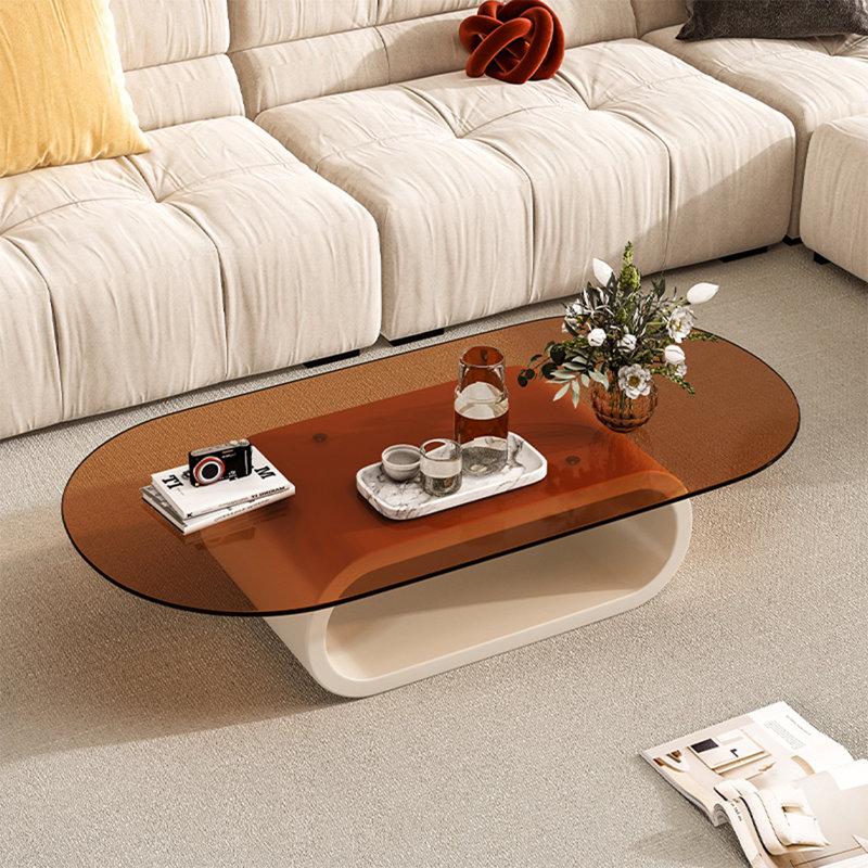 Simple light luxury oval glass coffee table, 14.2" H x 51.1" L x 27.6" W