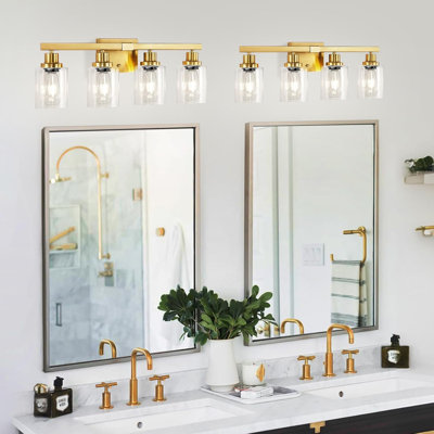 Luminaire de meuble-lavabo moderne à 4 lumières avec abat-jour carré en verre, applique murale en or brossé pour miroir, chambre à coucher, salon et cuisine