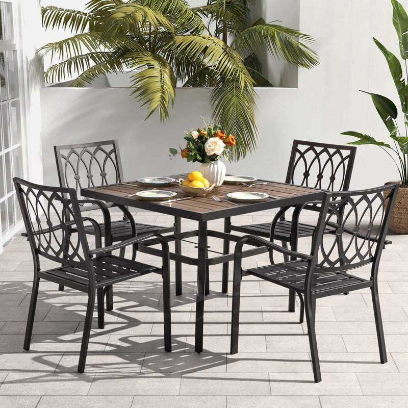 Ensemble de salle à manger 5 pièces empilable avec trou pour parasol et plateau en faux bois