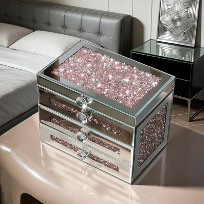 Organisateur de bijoux en miroir avec couvercle en verre diamant écrasé, rangement à 3 couches avec 2 tiroirs pour colliers, bagues, boucles d'oreilles et bracelets