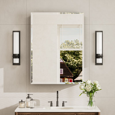 Recessed or Surface Mount Aluminum Beveled Frameless Medicine Cabinet With Mirrored Door and Adjustable Shelves