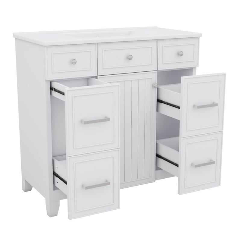 Meuble-lavabo 36 po avec lavabo en céramique durable, portes à fermeture en douceur, tablettes flexibles et tiroirs spacieux