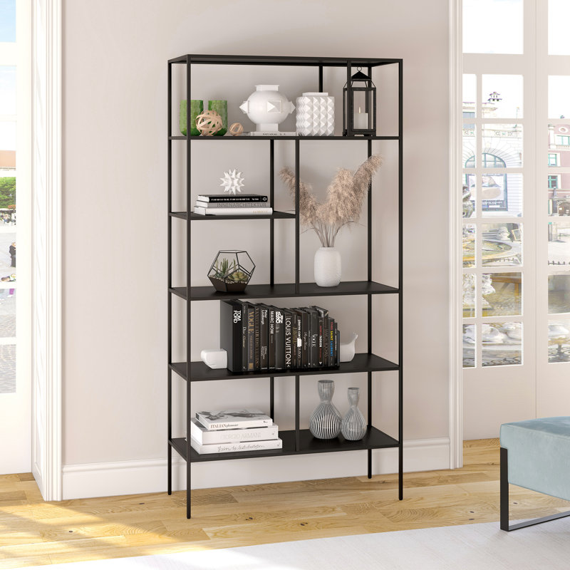 72" H 5-Shelf Etagere Bookcase with Asymmetric Open Shelving — Blackened Bronze Industrial Open Shelving for Living Room or Home Office | Winthrop
