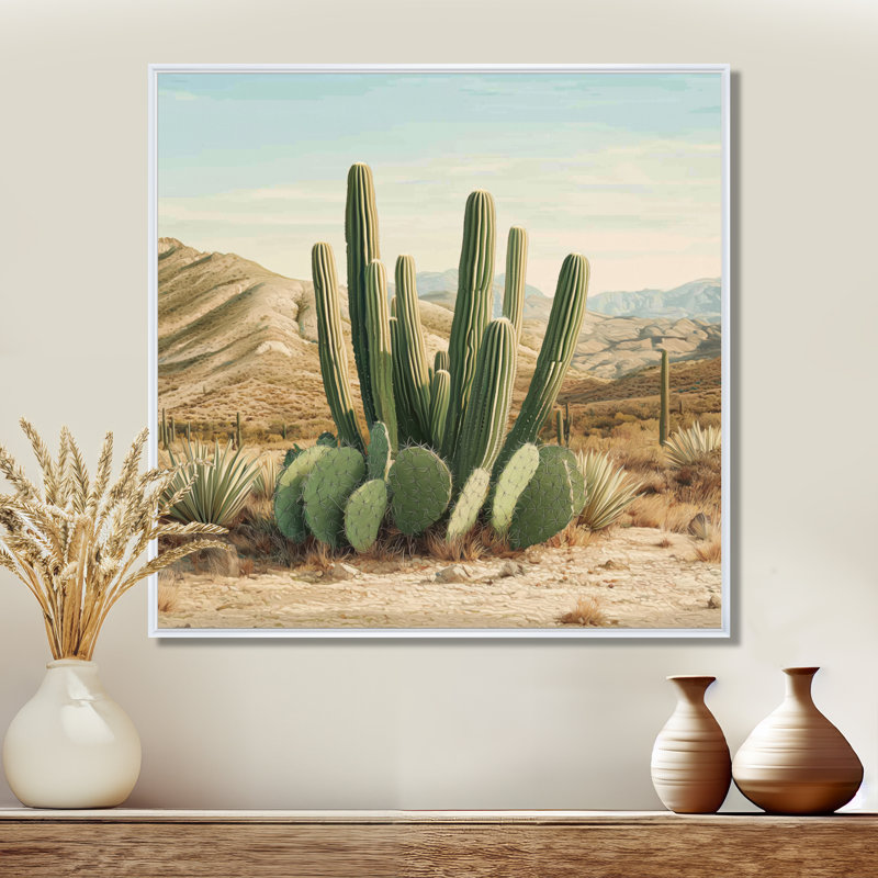 Cactus et les montagnes du désert III - Cactus grand, art mural, Impression encadrée flottante, H 16 po x l 16 po, Blanc