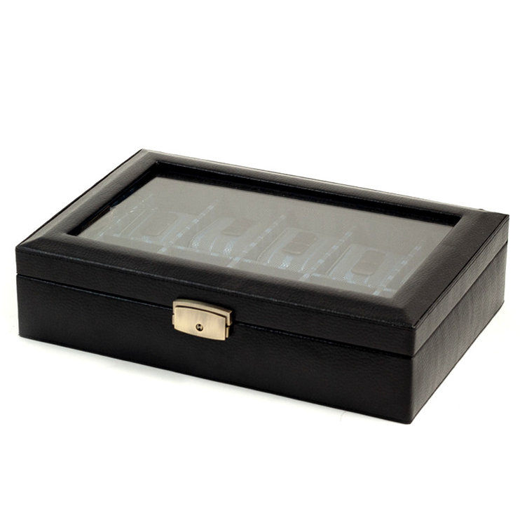 Black Leather Rectangular Locking Watch Case with Glass Top