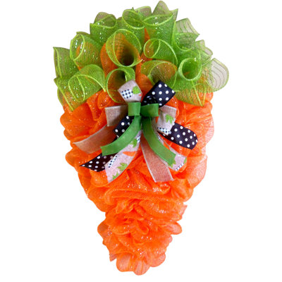Easter Carrot Door Wreath With Orange & Green Metallic Mesh And Layered Ribbon Bow