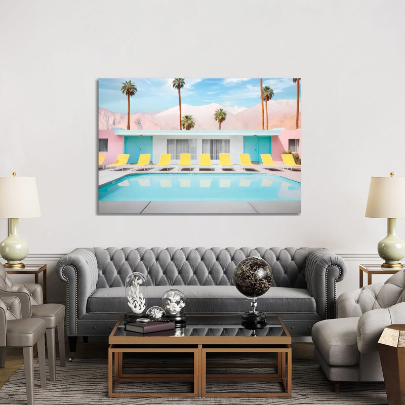 Palm Springs Pool Day - reproduction d'art murale encadrée, H 40 po x l 60 po, Toile tendue, Ne s’applique pas