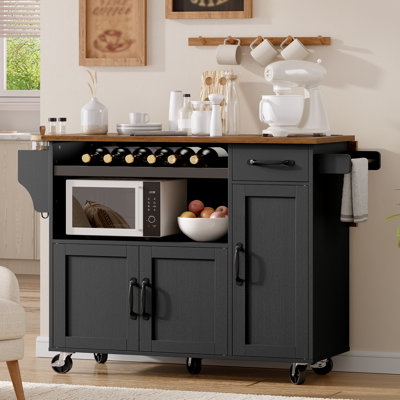 Îlot de cuisine 47 po avec tablette à micro-ondes, prise de courant et chariot à roulettes à feuilles tombantes avec tiroir et support à vin