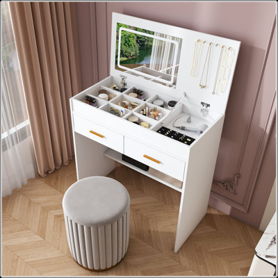 Bureau de coiffeuse rabattable avec miroir à DEL et prise de bijoux intégrée (aucun tabouret inclus)