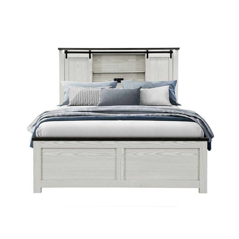 Grand lit à profil bas beige avec tête de lit bibliothèque et barre noire, cadre en bois massif +, style transitionnel pour la chambre à coucher, bois d'hévéa, sommier tapissier beige, bois +,