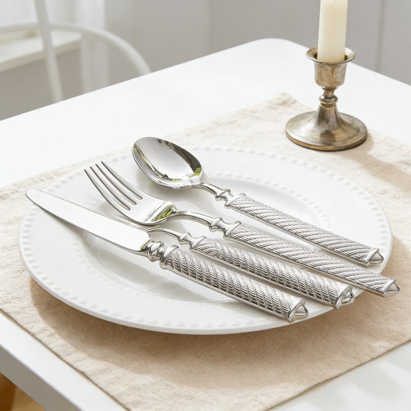Ensemble de couverts rétro à motif de corde, ensemble de couverts en acier inoxydable 10 pièces avec poignées texturées à la main, lavable au lave-vaisselle, durable et résistant à la rouille
