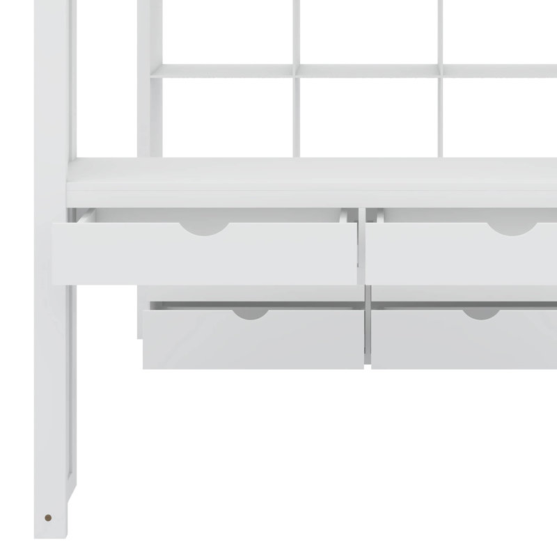 Jeneya Full Size Loft Bed with Large Shelves, Writing Desk and LED Light, White