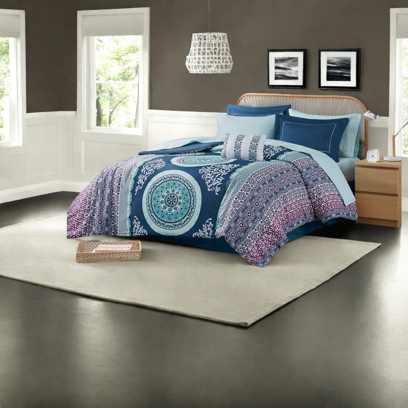 Boho Twin Bedding Set, Polyester Microfiber, Navy Medallion Design For Modern Bedrooms