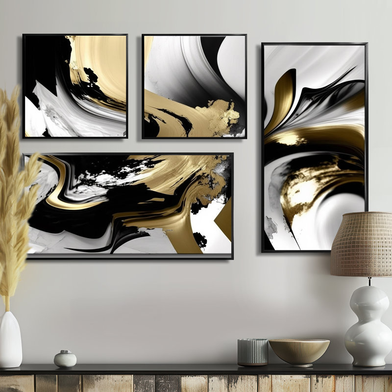 Golden Wave Reflections II - Art mural moderne sur toile 4 pièces, Impression encadrée sans passe-partout, Noir