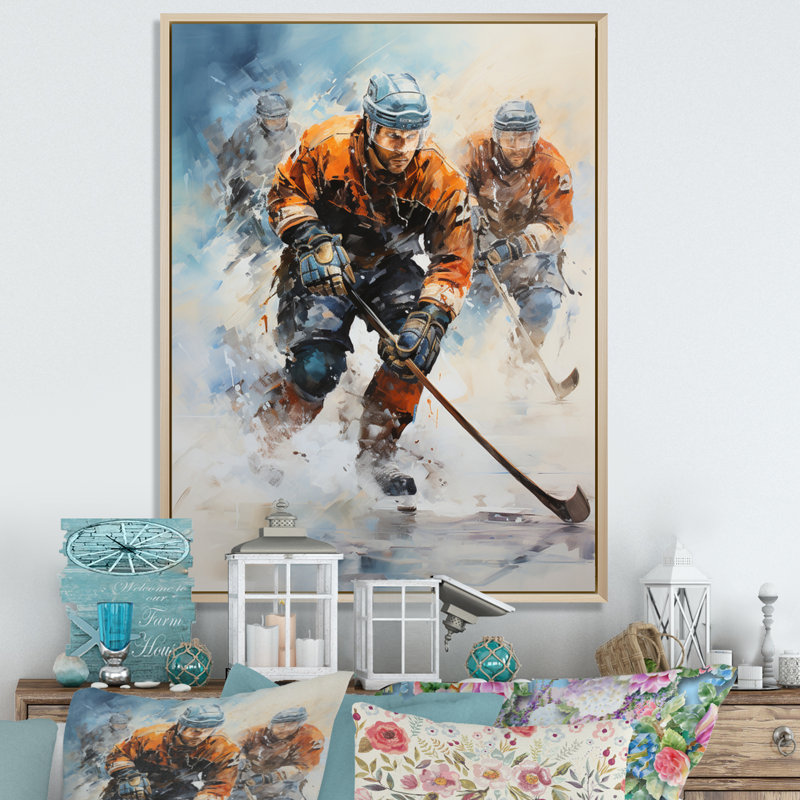 Winter Hockey Jeux Olympiques sur glace, reproduction d'art sur toile, 20" H x 12" W, Gold Picture Framed