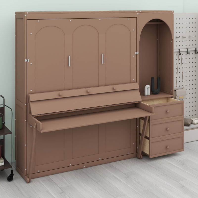 Lit escamotable avec tablettes de rangement, lumière DEL, tringle pour garde-robe et tiroirs intégrés, Brown