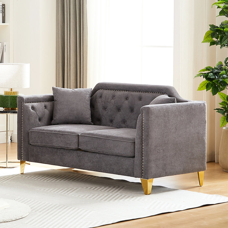 Chenille en tissu avec décoration à boucle, confortable, pieds en métal, 2 coussins décoratifs gris pour le salon, boutons en mousse, coussin en mousse,