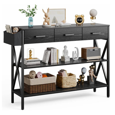 47" Modern Console Table with MDF Board, Metal Legs, 3 Drawers & 3-Tier Storage Shelves
