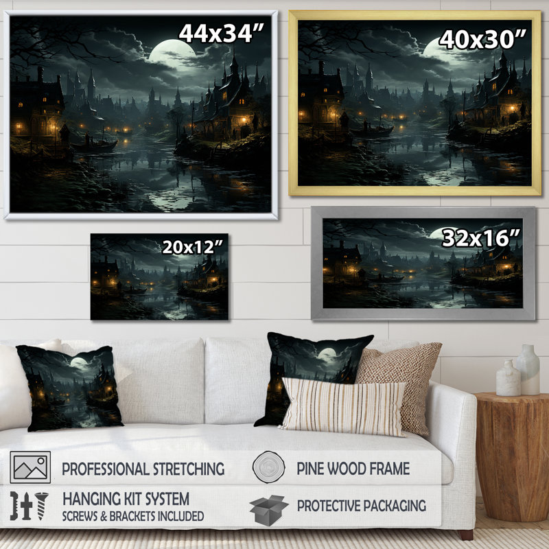 Art mural Moody Night, Cadre doré simple, H 30 po x l 40 po x P 1,5 po